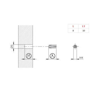 Įvorė išsipečianti, M4 vidinis sriegis, 5x8mm, žalvaris