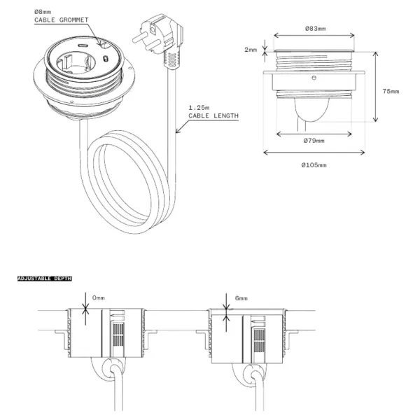 Power distributing unit PowerDot 16, 1xF, 2xUSB-C chargers, 1 cable grommet, cable L1500mm, white
