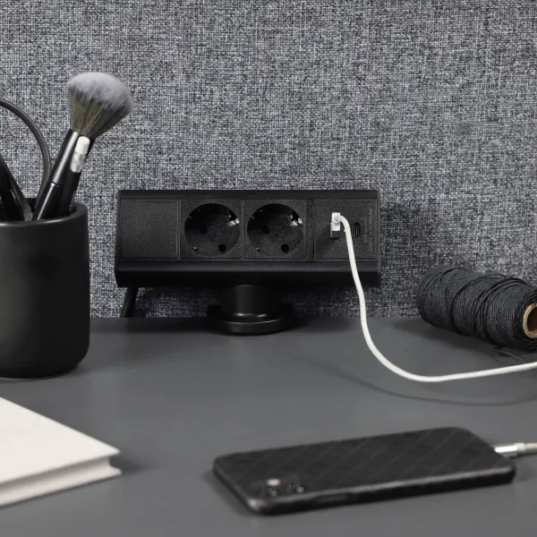 Desk, 2 socket type F, 1 USB-C & 1 USB-A charger, black