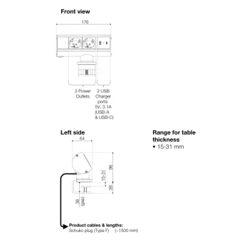 Desk, 2 socket type F, 1 USB-C & 1 USB-A charger, black
