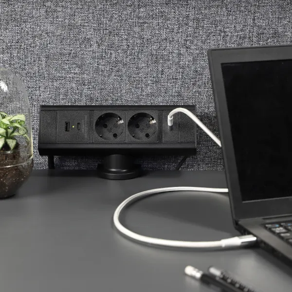Desk, 2 socket type F, 1 USB-C & 1 USB-A charger, 1 USB-C Port, black