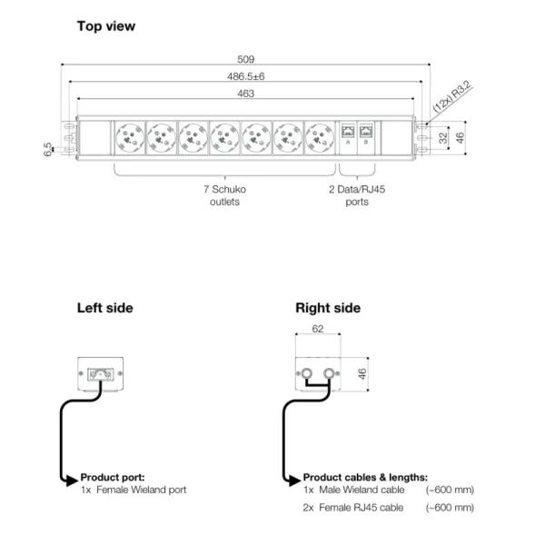 Outlet Strip Axessline, 7 socket type F, 2 data, 3PC, black