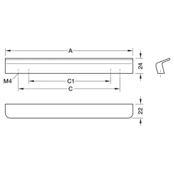 Handle FLAPP, cc160mm, L200mm, H24mm, brushed black