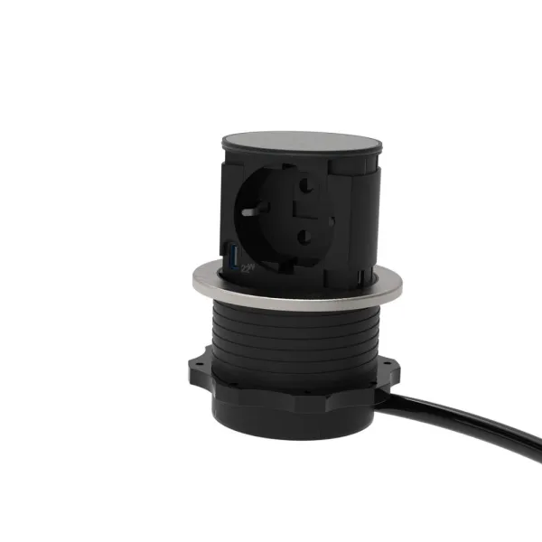 Socket Element Pop-Up, Lowerable, 1xSchuko, 1xUSB-C charger, cable L2000mm, stainless steel