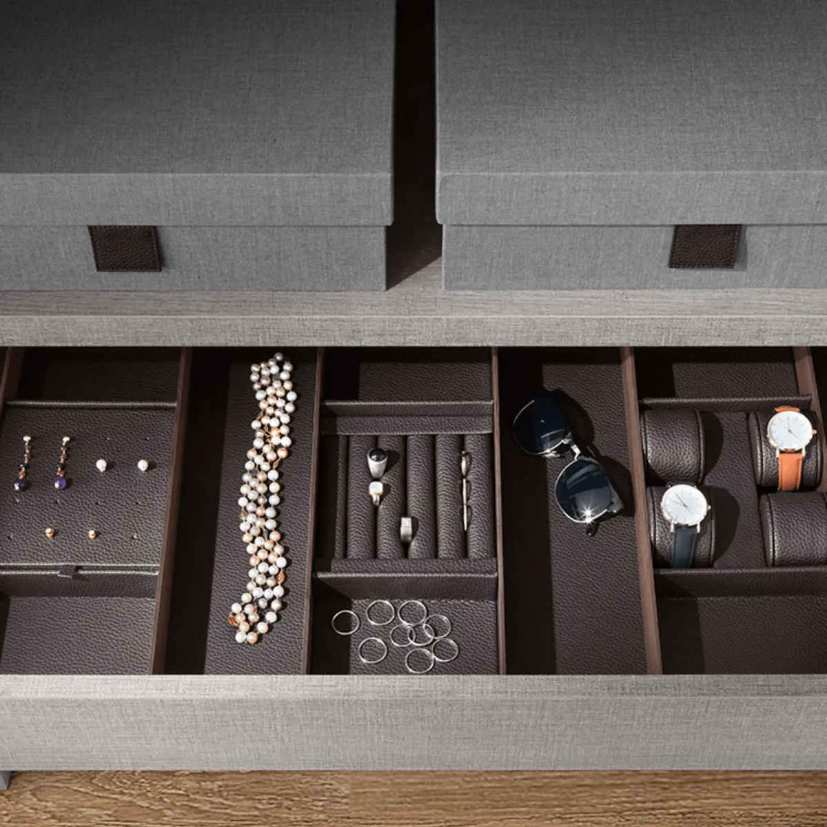 Trays for accessories, storage boxes, mats, hangers
